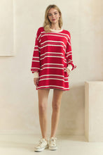 Load image into Gallery viewer, Veveret Coastal Breeze Stripe Sweatshirt Dress in Red Combo
