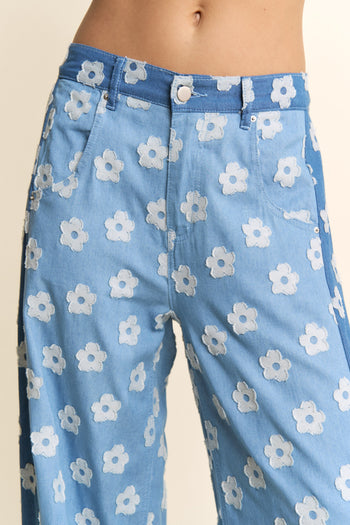 Davi & Dani Flower Print Wide Leg Culotte Pants in Denim Blue