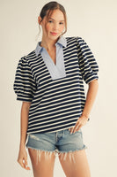 Jodifl Textured Striped Top with Contrasting Detail in Navy