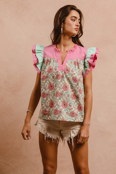 BiBi Floral Print Top with Contrasting Double Ruffle Sleeves in