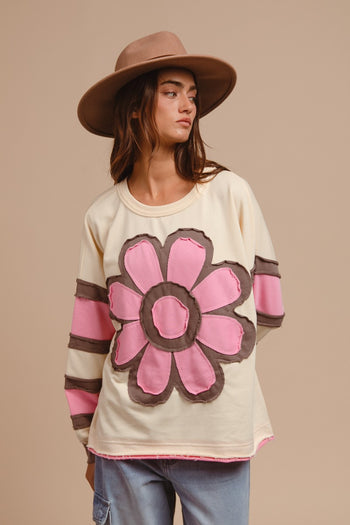 BiBi French Terry Top with Patchwork in Cream
