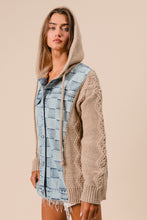 Load image into Gallery viewer, BiBi Mixed Checkered Denim and Knit Sweater Hooded Jacket in Denim/Latte
