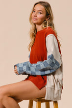 Load image into Gallery viewer, BiBi OVERIZED Colorblock Top with Checkered Denim Sleeves in Rust Mix
