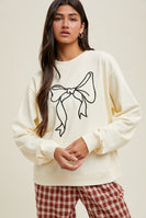 Wishlist French Terry Knit Top with Bow Print Front in Cream/Black