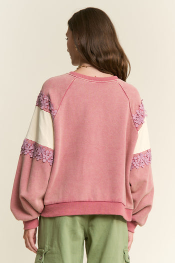 J.nna Mineral Washed Lace Trimmed Positive Lettering Front Sweatshirt in Rosewood