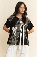 Davi & Dani Color Block Top with Lace and Bow Details in Black