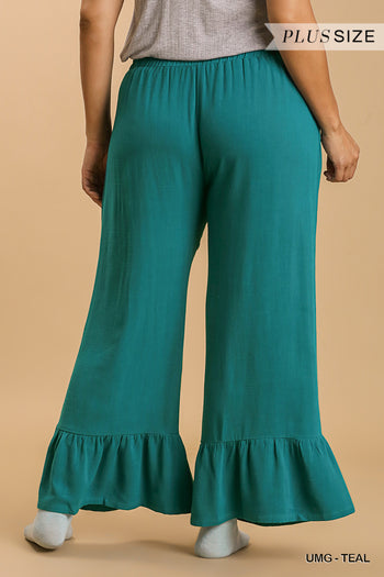 Umgee Linen Blend High Waist Wide Ruffle Leg Pants in Teal