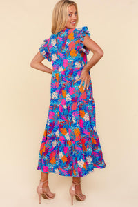 Haptics Tropical Floral Print Tiered Maxi Dress in Blue/Fuchsia/Orange