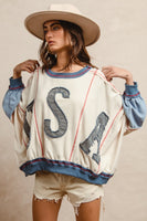 BiBi OVERSIZED Color Block Top with USA Denim Patches in Oatmeal/Denim