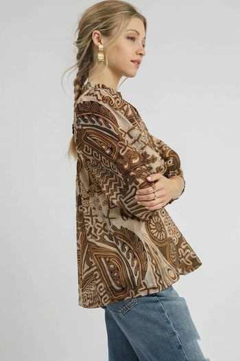 Umgee Mixed Abstract Print Top in Brown Mix