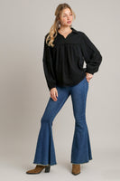 Umgee Cotton Gauze Collared V-Neck Top with Frays in Black