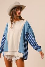 Load image into Gallery viewer, BiBi OVERSIZED Mixed Fabric Top with Stripes in Oatmeal
