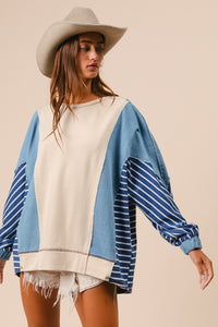 BiBi OVERSIZED Mixed Fabric Top with Stripes in Oatmeal