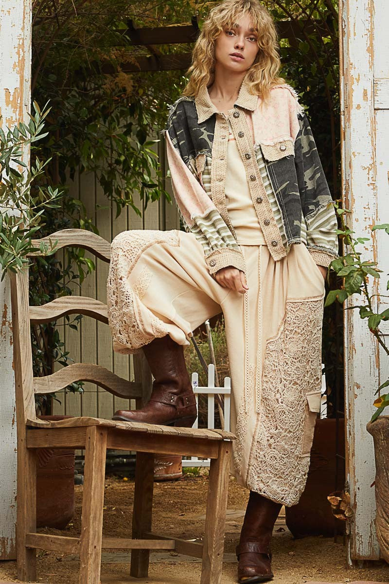 POL Vintage Washed Thermal, Camo and Floral Print Jacket in Olive