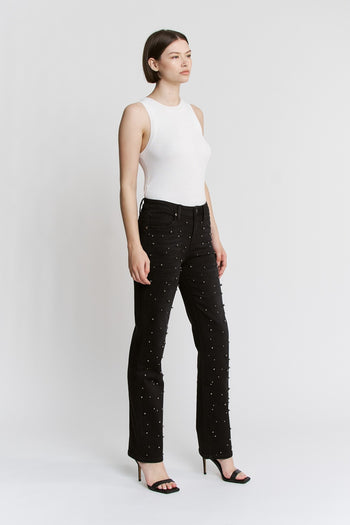Mica Denim High Rise Pearl and Rhinestone Embellished Straight Leg Jeans in Black Pearl