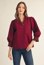 Load image into Gallery viewer, Jodifl Embroidered Scallop V Neckline Solid Top in Burgundy
