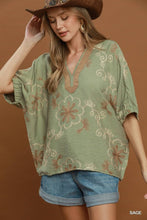 Load image into Gallery viewer, Umgee Floral Embroidered Split Neck Blouse in Sage
