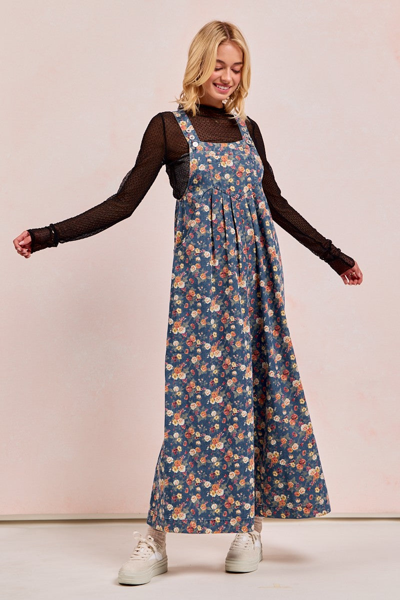 BiBi Floral Print Denim Wide Leg Jumpsuit in Denim – June Adel