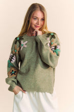 Load image into Gallery viewer, Davi &amp; Dani Solid Color Knit Sweater With Floral Embroidery in Olive Sage
