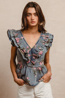 BiBi Washed Denim Top with Floral Print in Denim