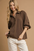 Umgee Textured Top with Contrasting Trim in Brown