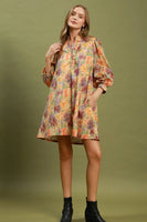 Umgee Mix Floral Print Smocked Cuff Mini Dress in Brown Mix