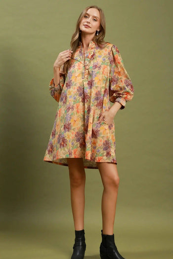 Umgee Mix Floral Print Smocked Cuff Mini Dress in Brown Mix