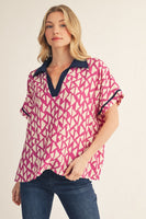 Jodifl Contrast Accent Loose Fit Geo Print Top in Magenta