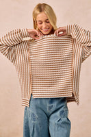 BiBi OVERSIZED Contrasting Color Textured Knit Stripe Top in Camel