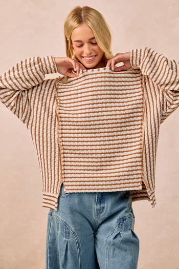 BiBi OVERSIZED Contrasting Color Textured Knit Stripe Top in Camel