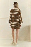 Veveret Coastal Breeze Stripe Sweatshirt Dress in Mocha Combo