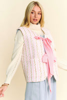 Davi & Dani Padded Quilted Floral Print Vest with Bow Tie Front in Pink