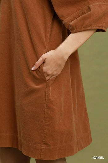 Umgee Corduroy V-Neck Puff Sleeve Shift Dress with Pockets in Camel