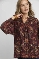 Umgee Floral Damask Print Top in Wine Mix