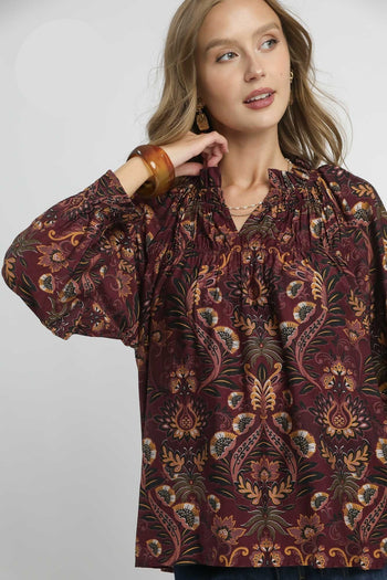 Umgee Floral Damask Print Top in Wine Mix