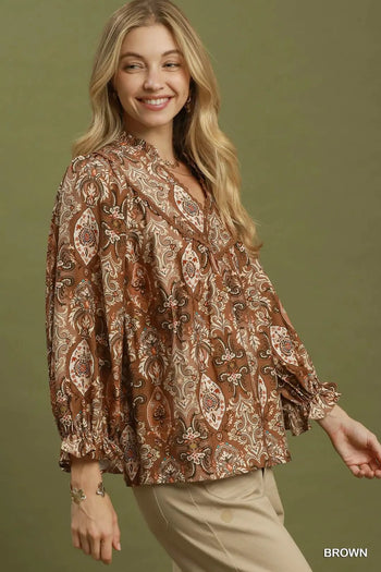 Umgee Paisley Print Lace Trim Babydoll Blouse in Brown