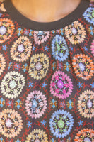 VOY Floral Embroidered Print Bubble Sleeve Top in Brown