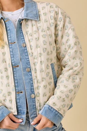 Main Strip Quilted Floral Print and Denim Jacket in Ivory/Blue