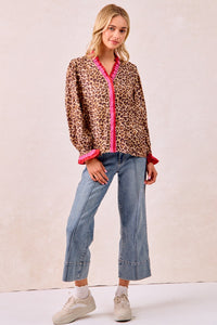 BiBi Long Sleeve Leopard Print Top with Contrasting Wavy Trim in