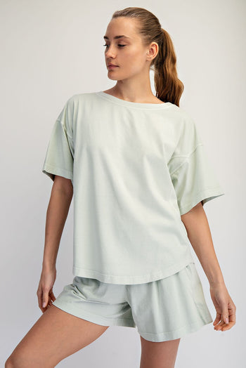 Rae Mode Pigment Washed Cotton Top and Short Set in Soft Mint