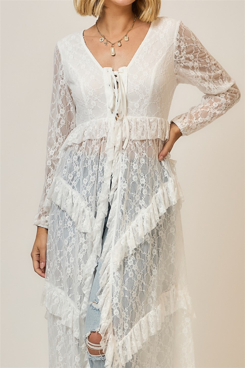 Cozy Co. Tiered Ruffled Lace Duster in Off White – June Adel