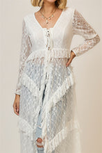 Load image into Gallery viewer, Cozy Co. Tiered Ruffled Lace Duster in Off White
