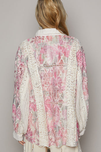 POL Oversized Floral Print Top in Ivory/Pink Shirts & Tops POL Clothing   