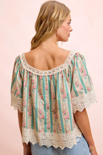 BiBi Mix n Match Floral and Lace Detailed Top in Teal