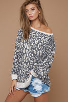 BiBi Lightweight French Terry Leopard Print Top in Taupe Band
