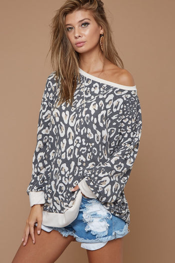 BiBi Lightweight French Terry Leopard Print Top in Taupe Band