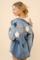 Blue B Distressed Denim Shirt with Star Print and Studded Details in Medium Wash