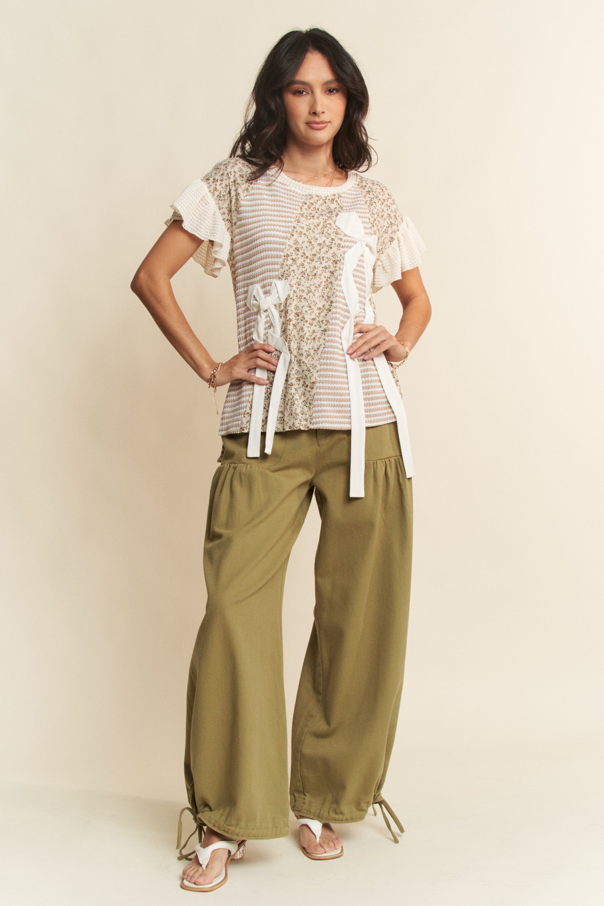 Davi & Dani Waffle Knit Color Block Mixed Print Top with Bow