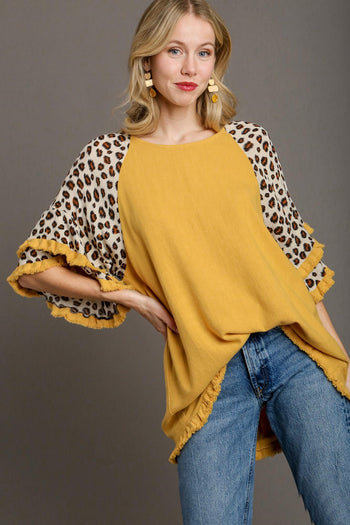 Umgee Top with Animal Print Layered Sleeves in Honey