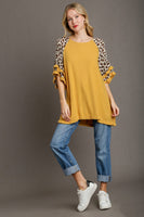 Umgee Top with Animal Print Layered Sleeves in Honey